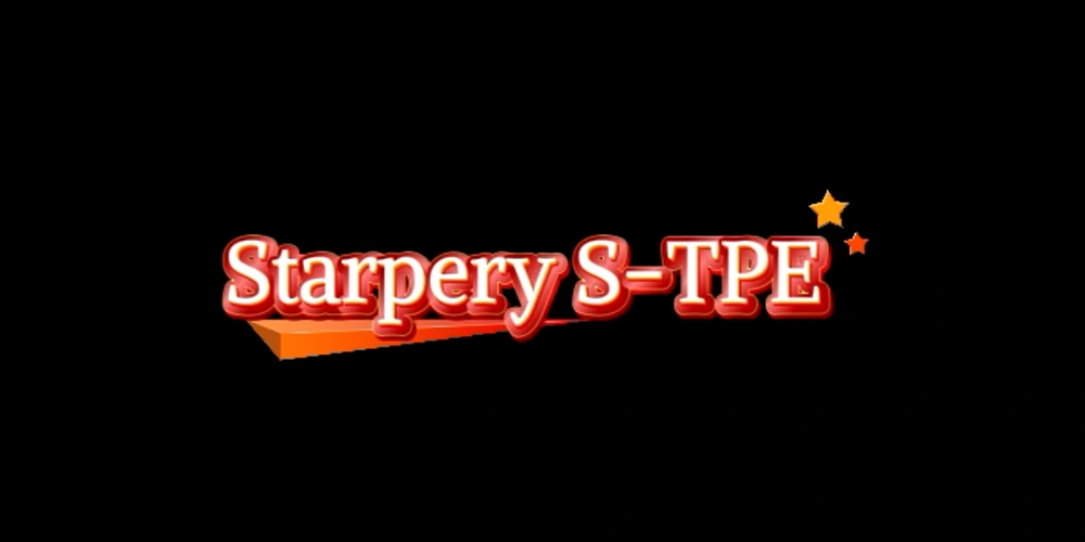 Stylized red text reading ‘Starpery S-TPE’ with an orange underline and small sparkle accents on a black background.
