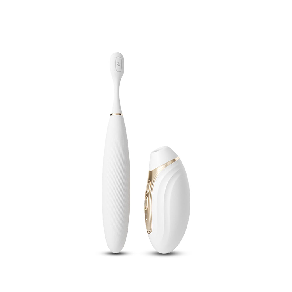 Lumi Touch 3-in-1 pleasure device with pulse stick and detachable suction head in white