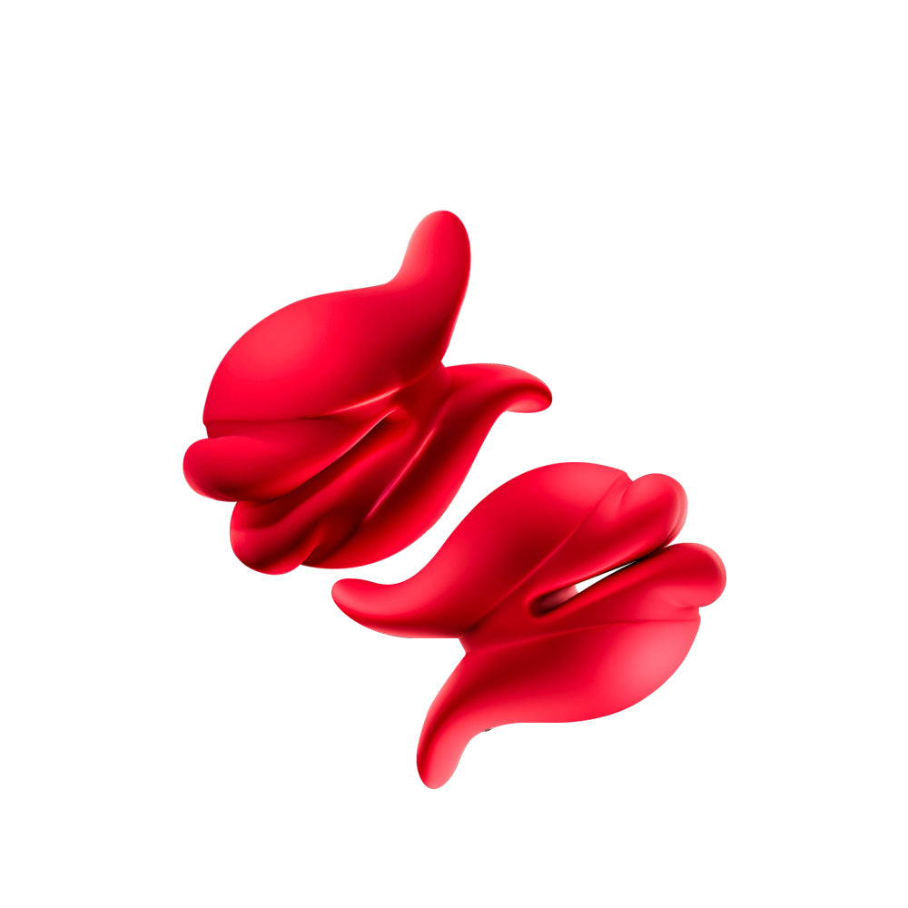 Close-up of Luna Grip APP control nipple clamps in red lip-shaped design.