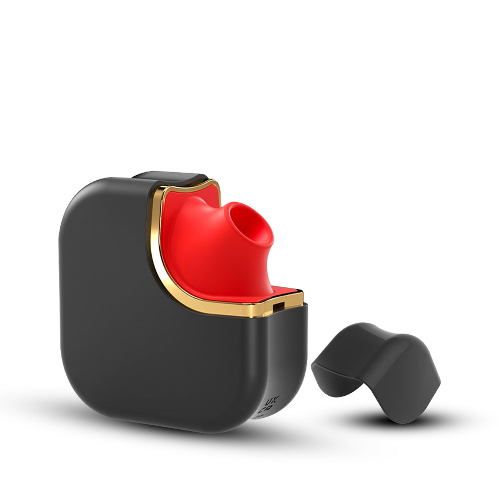 Magic Cube compact suction vibrator in black and red with ergonomic cube design