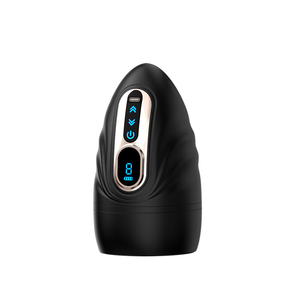 A black handheld male vibrator with a ribbed body and digital control panel displayed on a clean white background.
