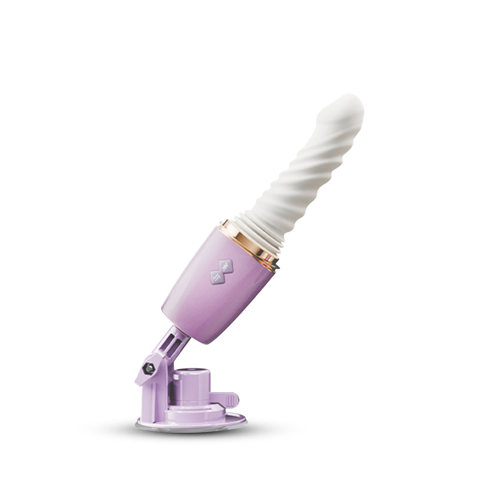 Purple thrusting vibrator with soft spiral shaft mounted on adjustable suction base