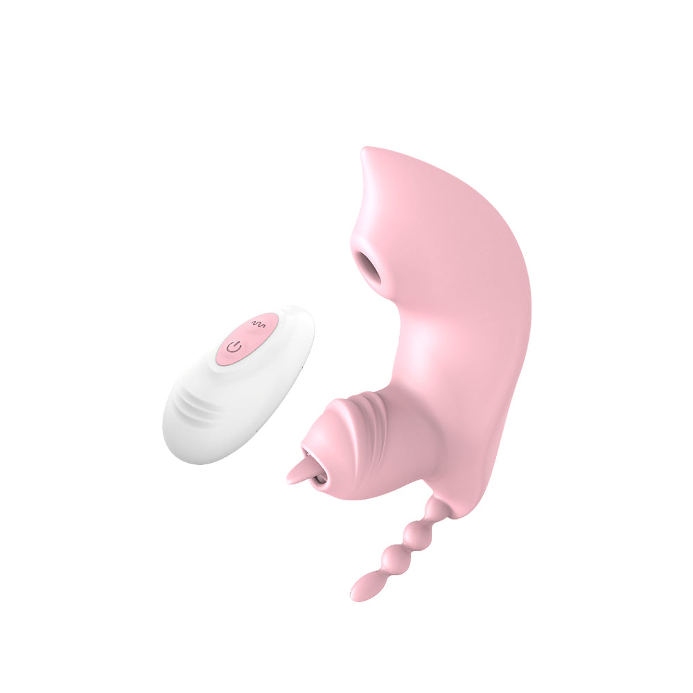 Pink wearable vibrator with remote control shown clearly on a white background