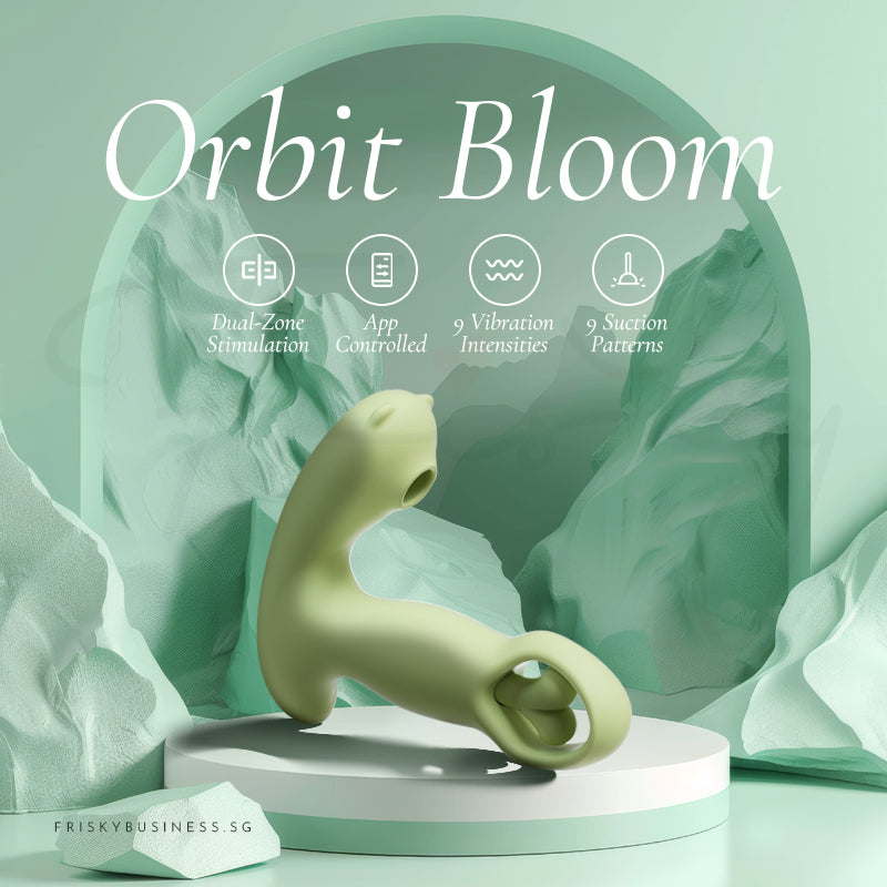 Orbit Bloom title graphic with the sage green vibrator on soft draped fabric