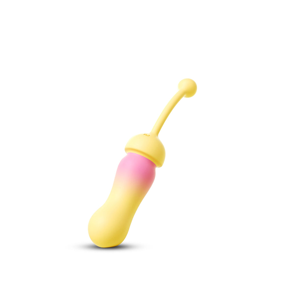 A sleek, ergonomic vibrator with a bulbous head and a thin, flexible tail. It features a soft yellow color with a pink gradient in the center.