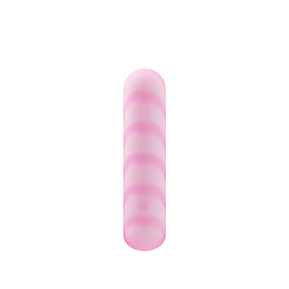 Pink striped silicone vibrator shown standing upright on a clean white background