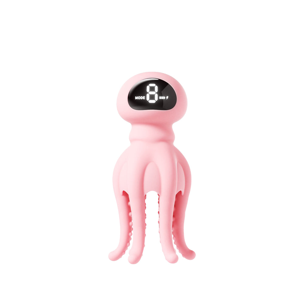 Pink octopus-style nipple suction vibrator with digital display and soft silicone tentacles