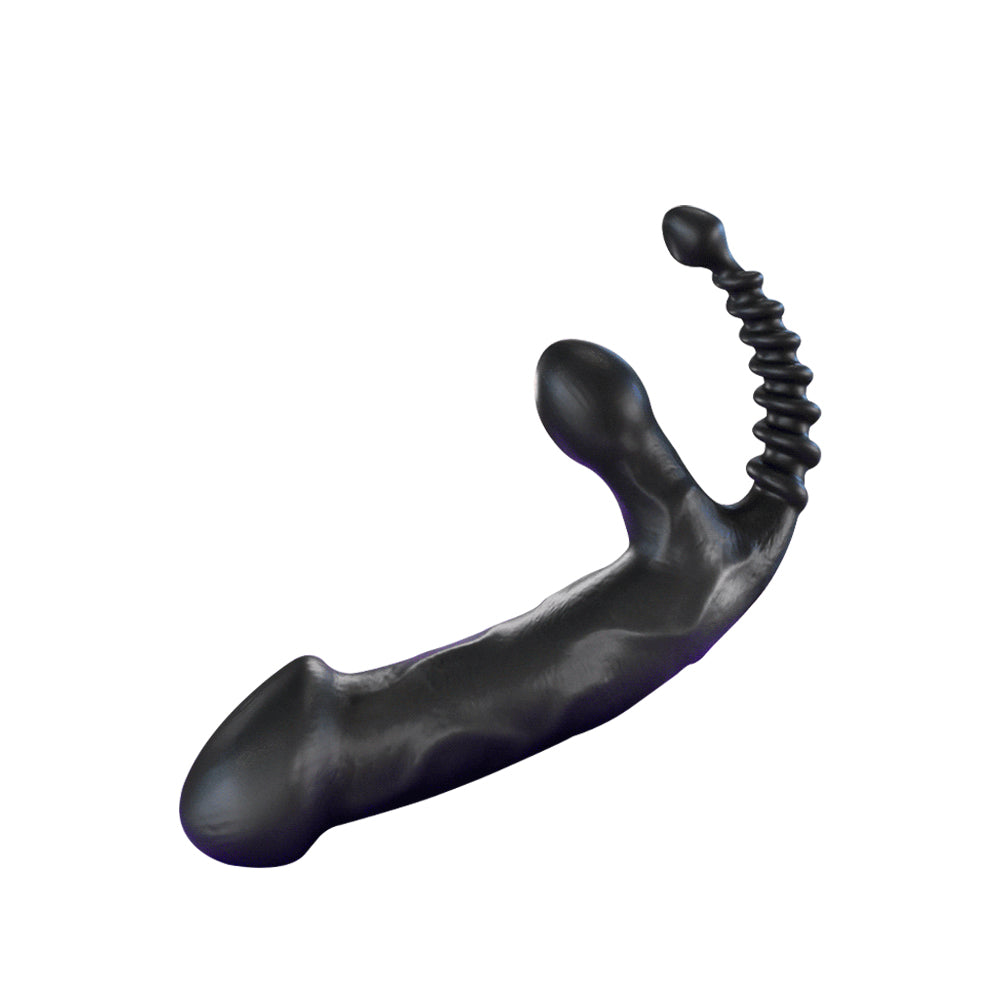 Black curved multi-head massager with textured beads and ergonomic design on white background