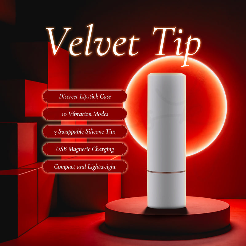 Velvet Tip title graphic with the white bullet vibrator before a glowing red ring