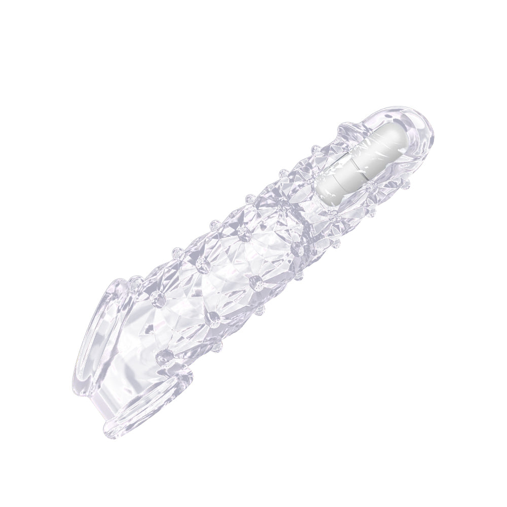 Clear textured silicone extender sleeve with raised granules and tapered tip