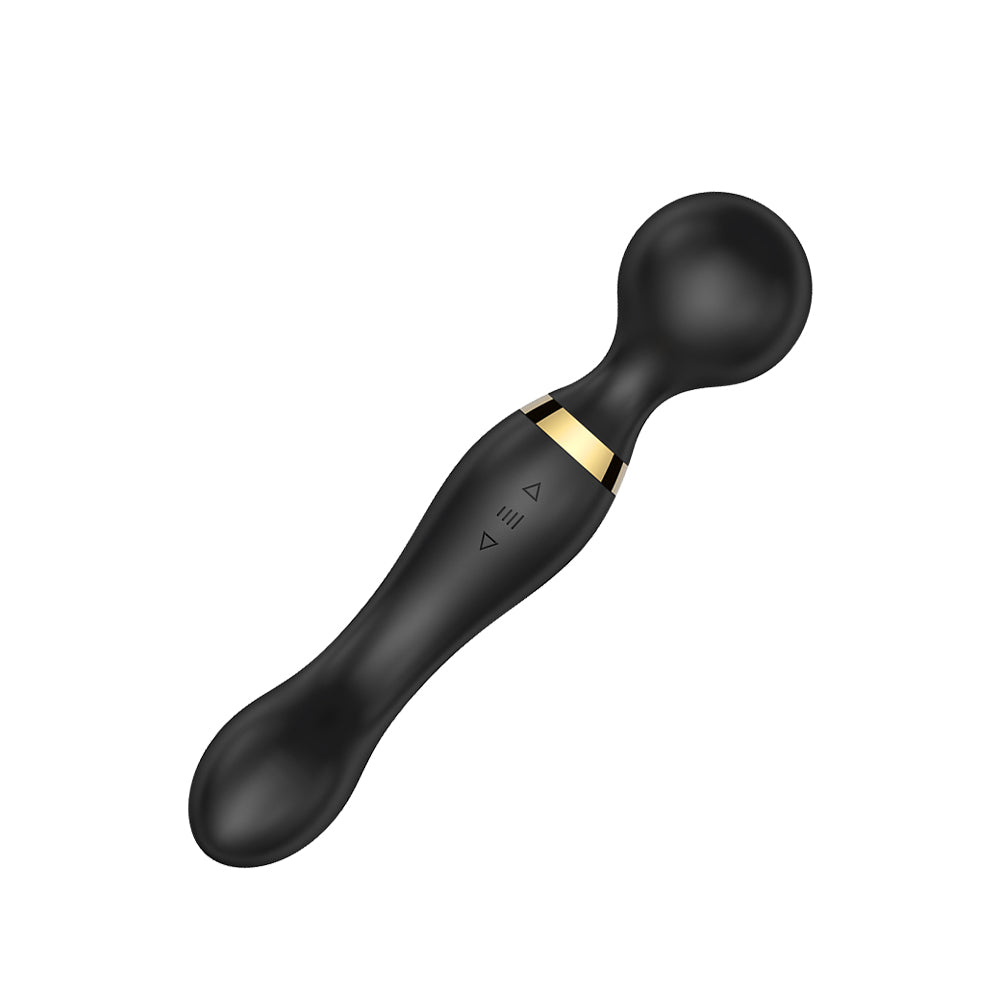 Sleek black dual-ended vibrating massage wand with ergonomic curves, gold accent, and soft-touch silicone finish