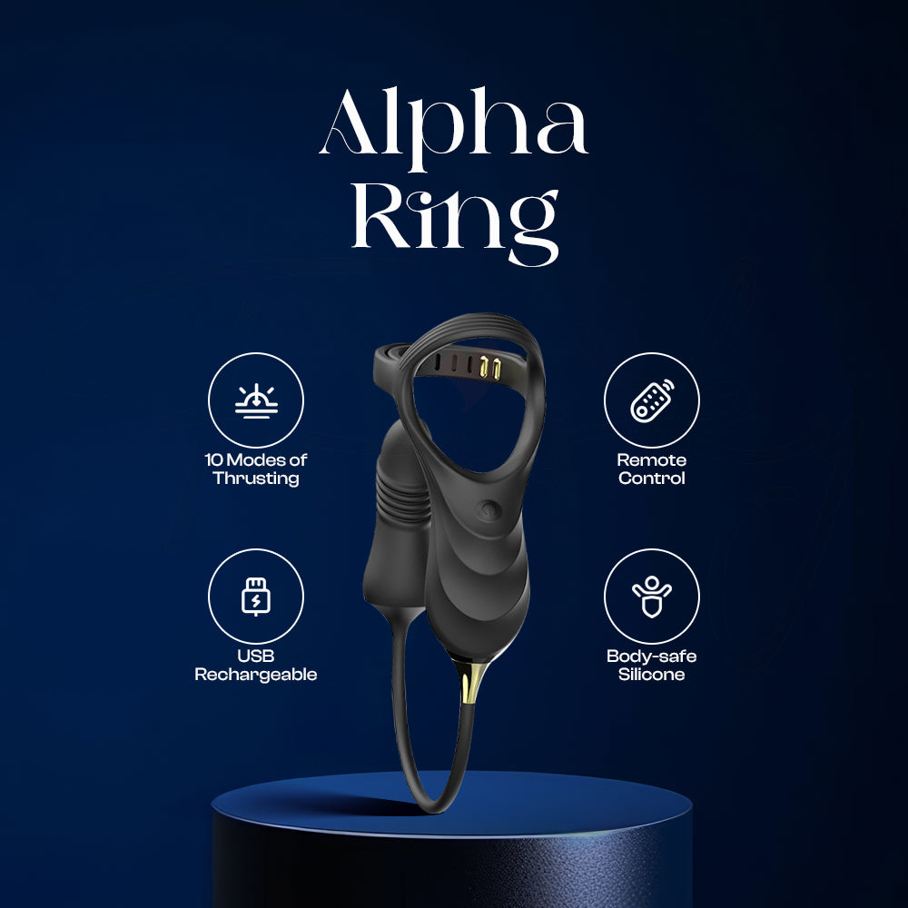 Alpha Ring prostate massager standing upright on blue premium display platform.