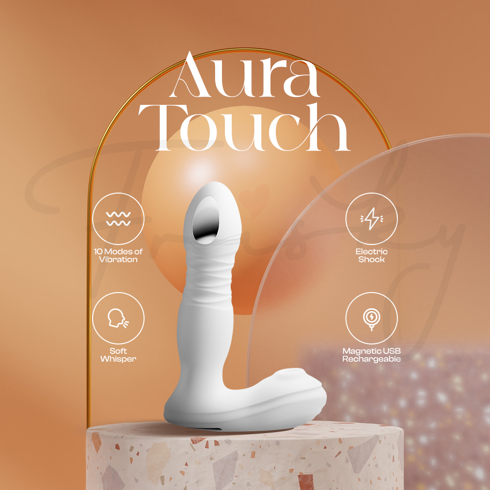Product overview of the Aura Touch featuring icons for 10 vibration modes, electric shock, soft whisper, and magnetic USB charging.