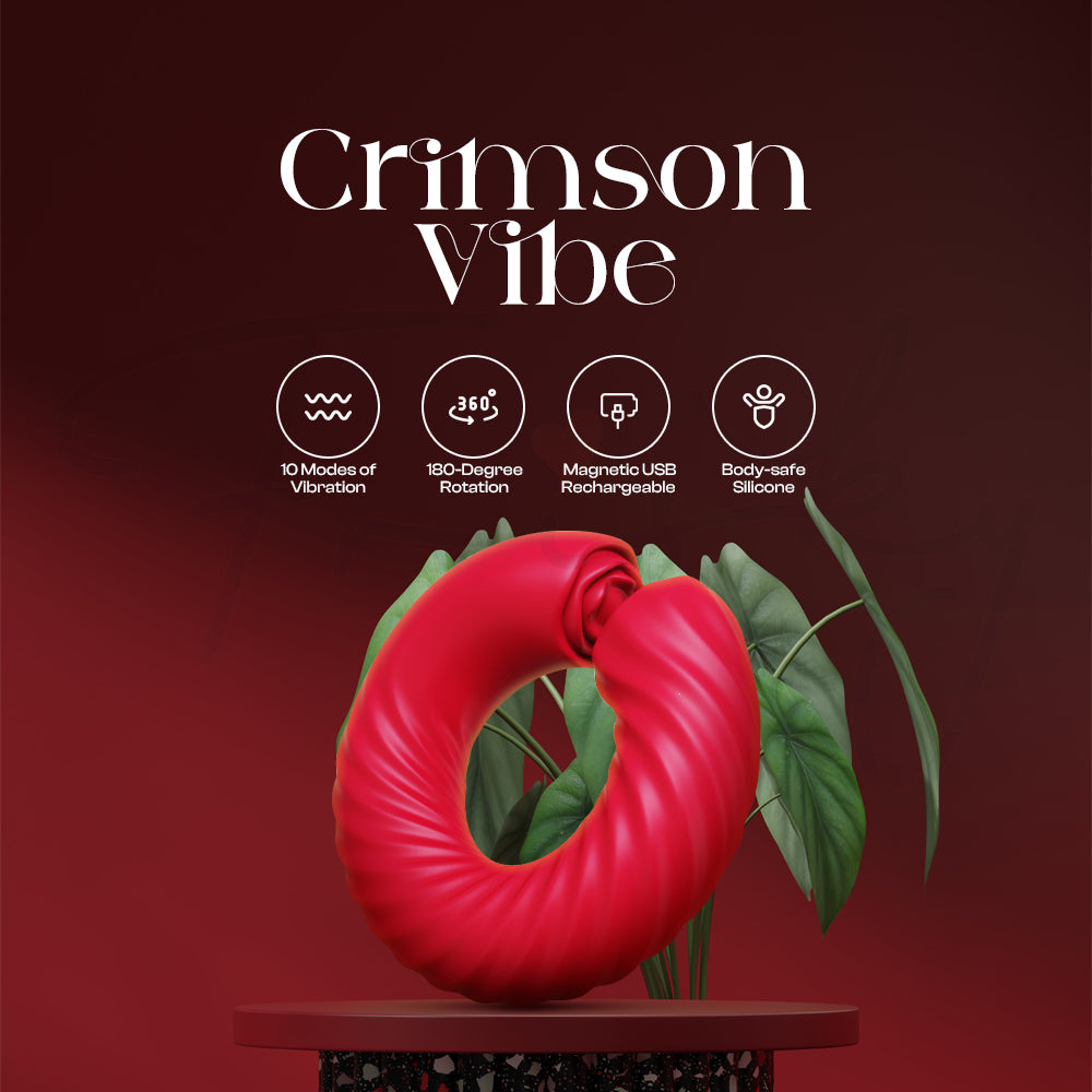 Crimson Vibe rotating cock ring vibrator displayed on dark red background