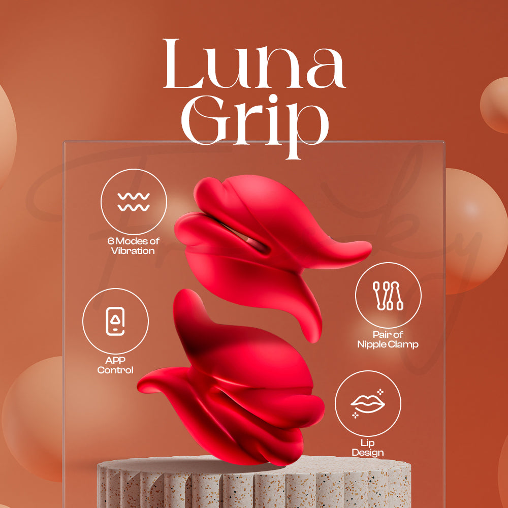 Luna Grip logo with elegant red background and lip-shaped clamp design