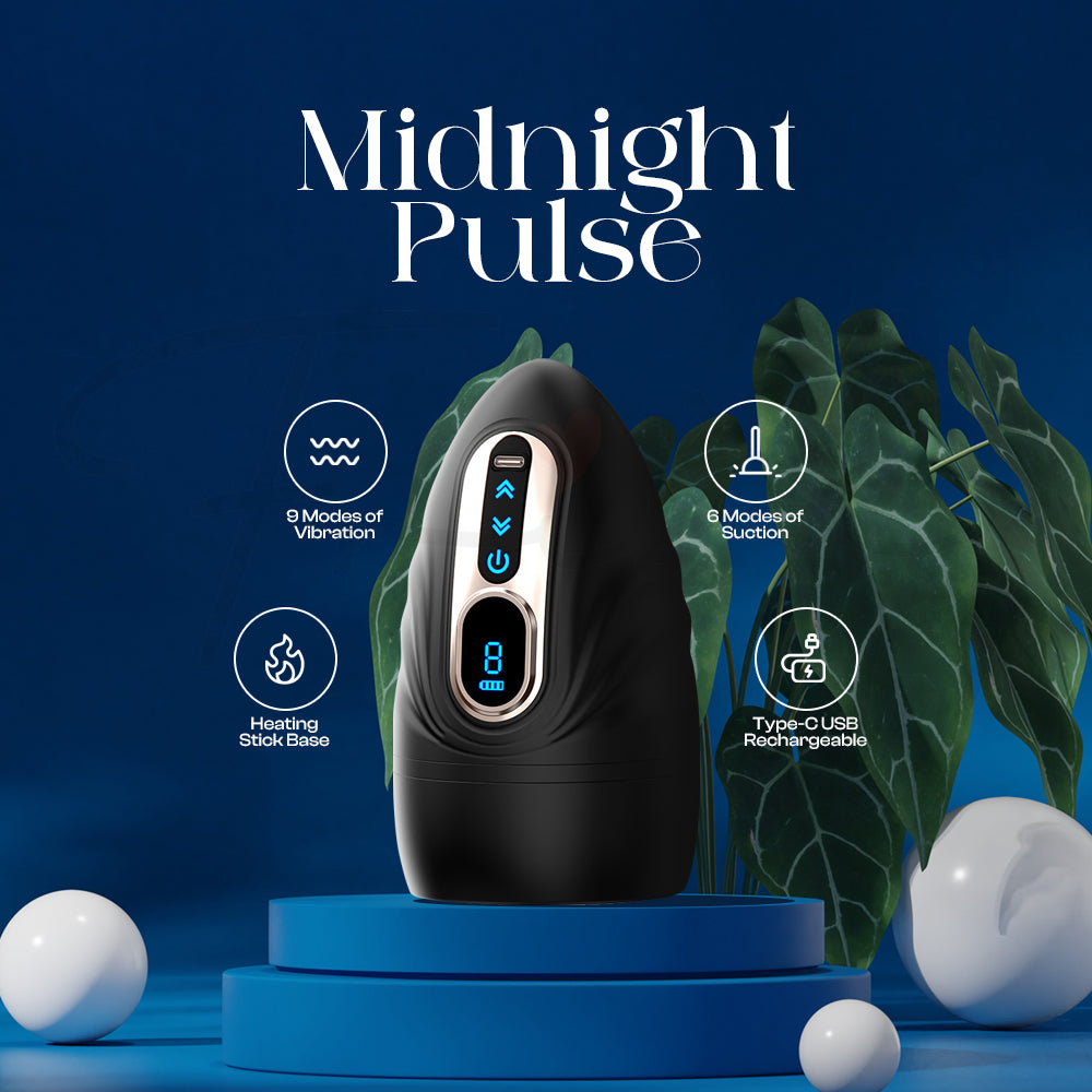 Black male vibrator shown upright against a blue backdrop with icons highlighting core features.
