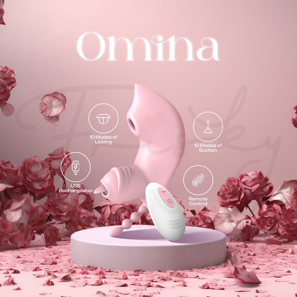 Pink wearable vibrator displayed on soft pink floral backdrop with Omina branding