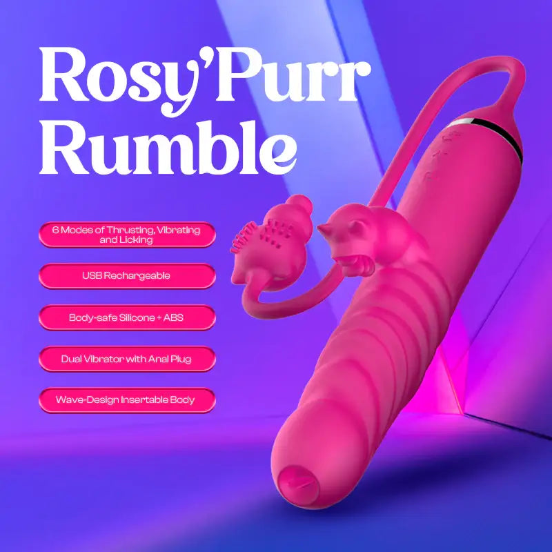 Rosy’Purr Rumble – Thrusting Dual Vibrator with Anal Plug - Frisky Business Adult Sex Toys Shop