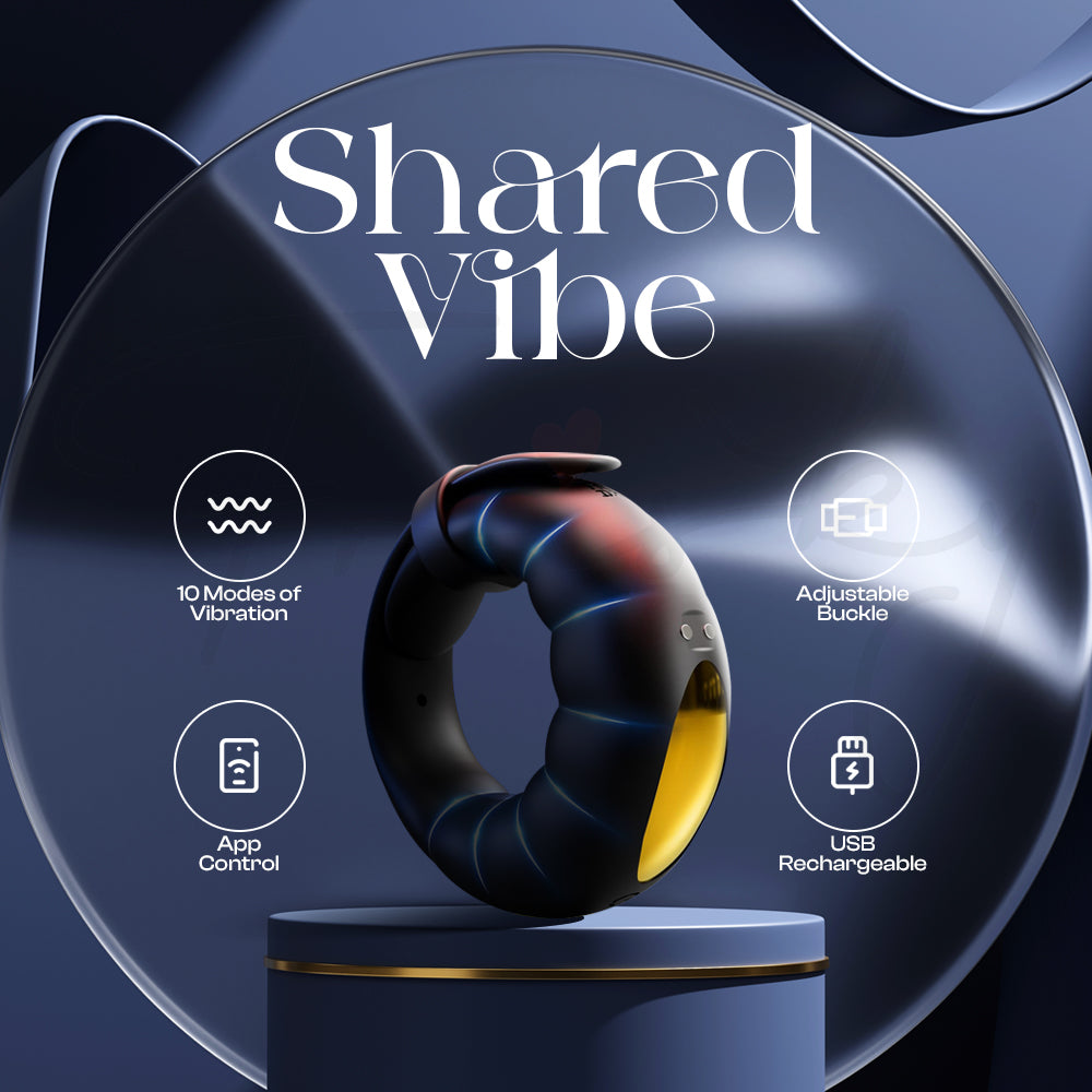 Shared Vibe wearable ring displayed with icons showing smart app and vibration feature