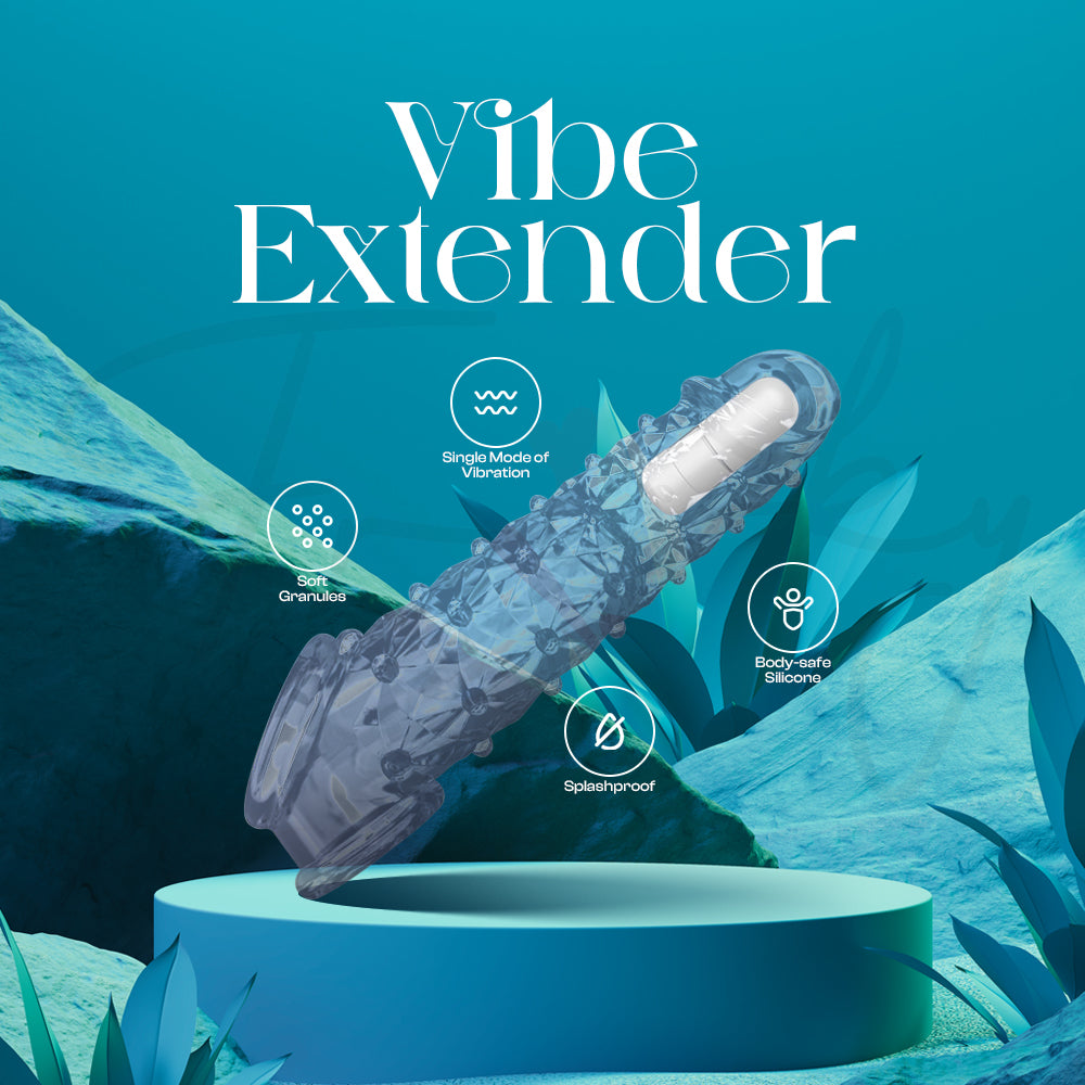 Transparent extender sleeve displayed on teal fabric with Vibe Extender text