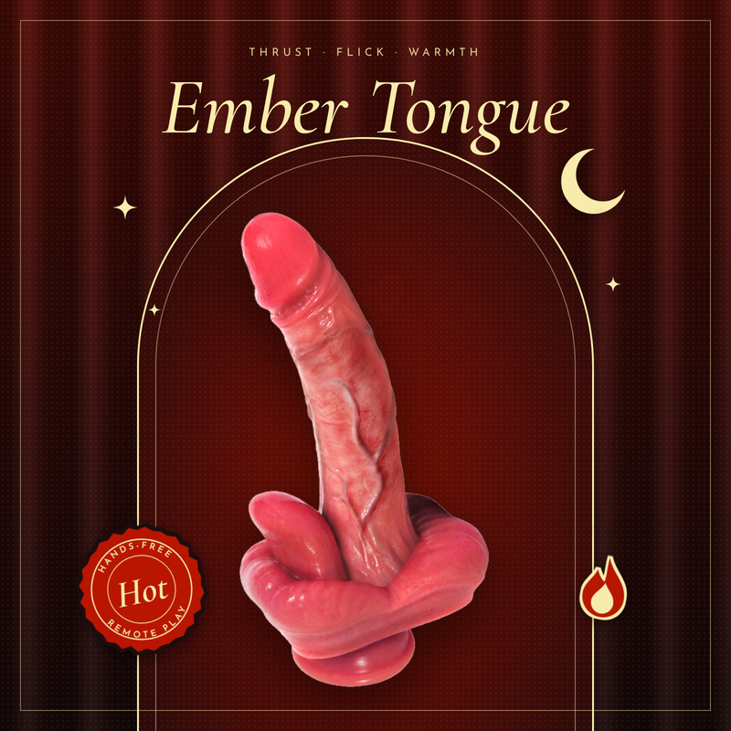 Ember Tongue title graphic with the coral-pink vibrator inside an arch on deep red