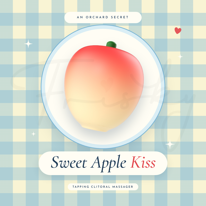 Sweet Apple Kiss title with the apple massager on a white plate over blue gingham