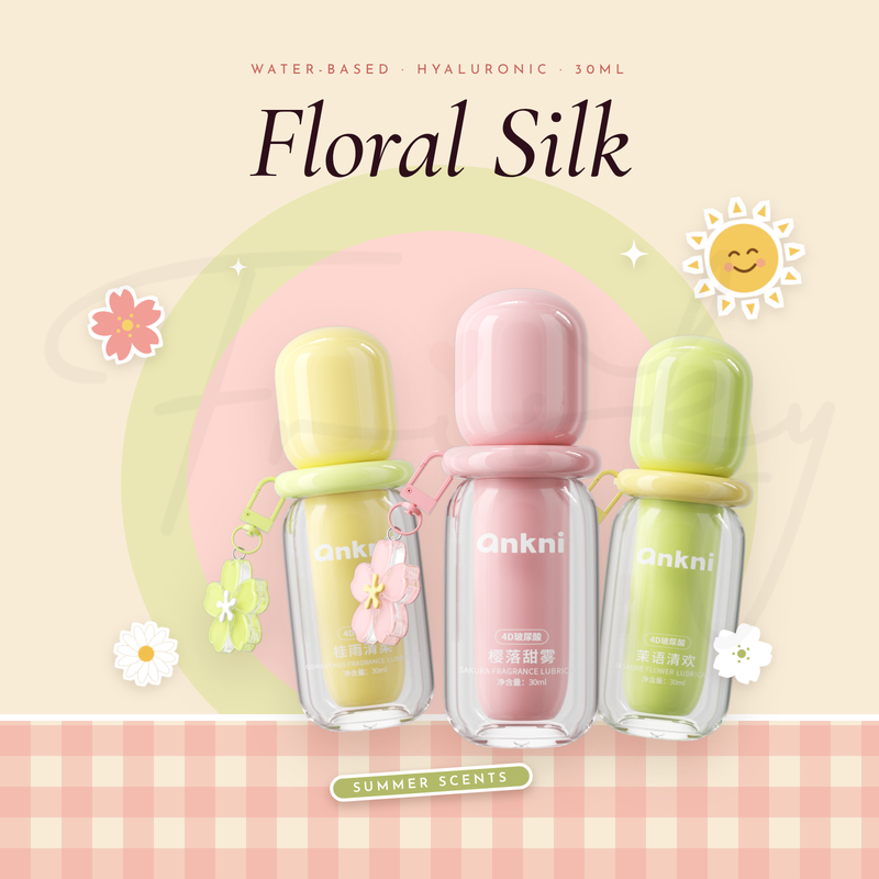 Floral Silk title graphic with three pastel lubricant bottles on a pink gingham background