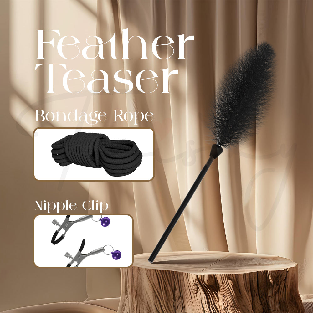 Black feather teaser presented with the white restraint items in a styled display.