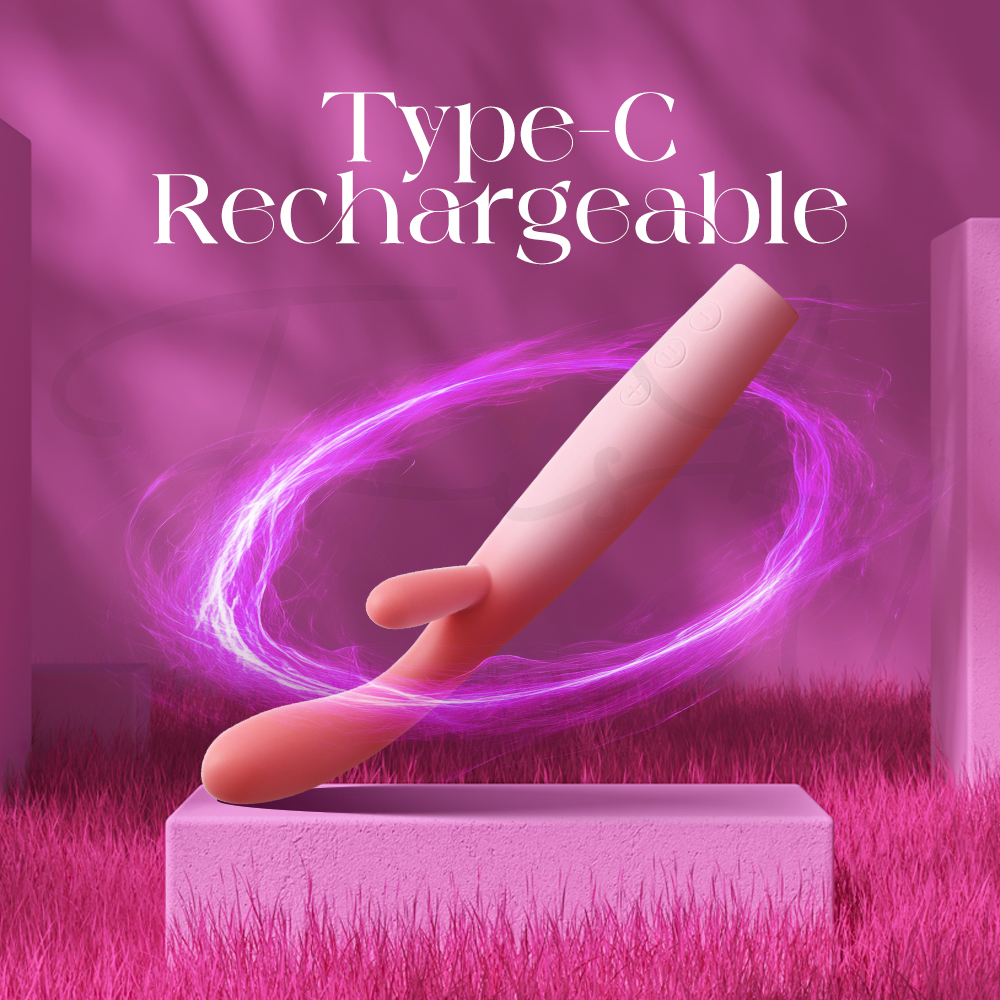 The vibrator shown with a purple glowing ring around it, labeled "Type C Rechargeable" to highlight modern charging capabilities.