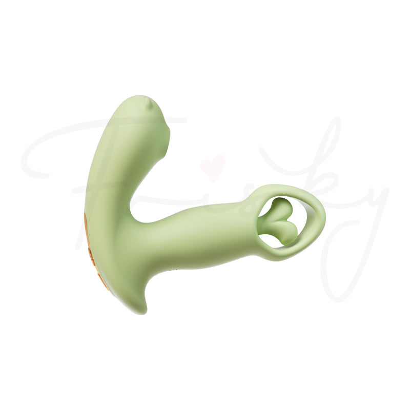 Sage green wearable vibrator in an angled view on a plain white background