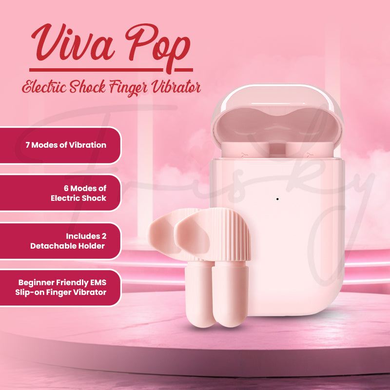 Kisstoy Viva Pop vibrator shown with storage case, charging cable, and packaging.