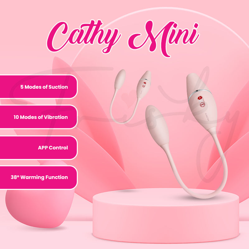Graphic highlighting Cathy Mini's key features: 5 suction modes, 10 vibration modes, and APP control.