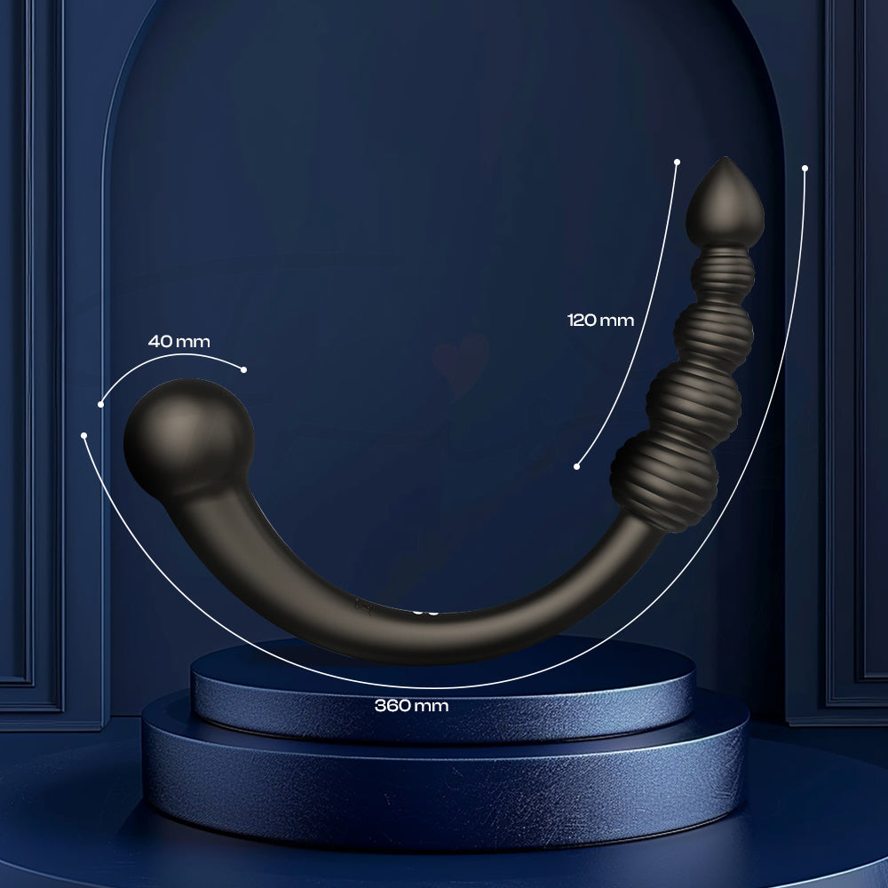 Black dual head vibrator on a blue stand with measurements against a dark blue background