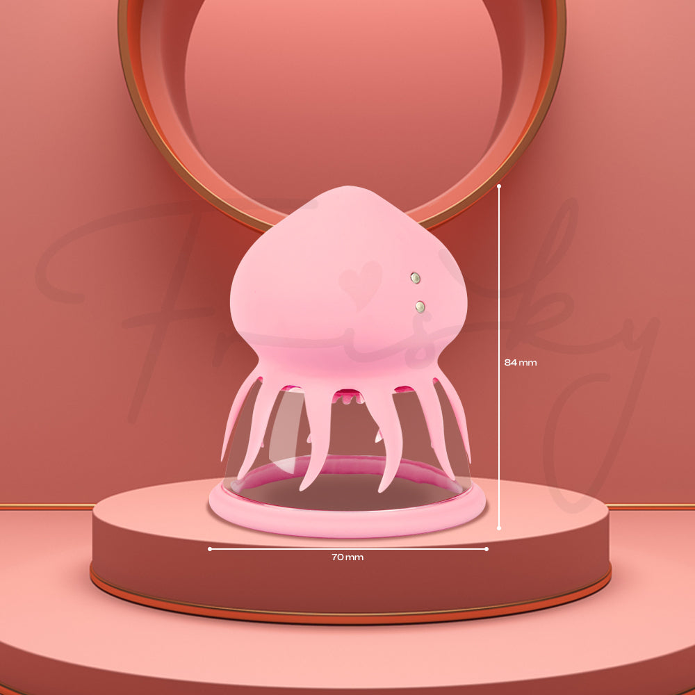 Pink jellyfish-shaped product on a pink platform with measurements indicated