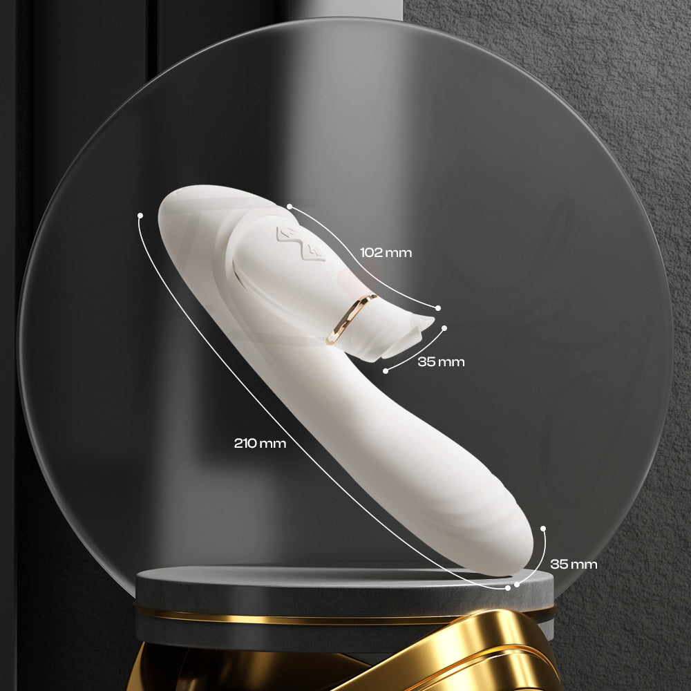 Side view of sleek white curved massager inside luxury glass display dome.