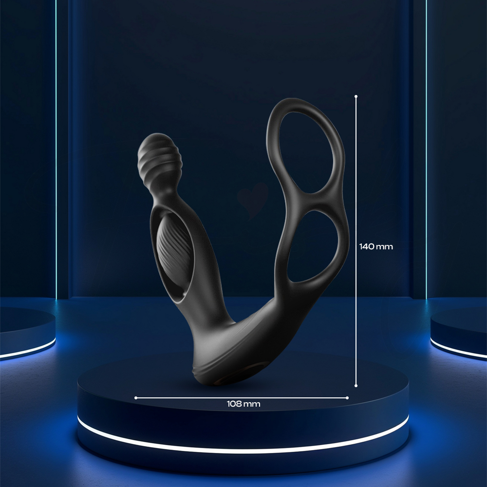 Black silicone wearable stimulator with dual loops, 140 mm height and 108 mm width.