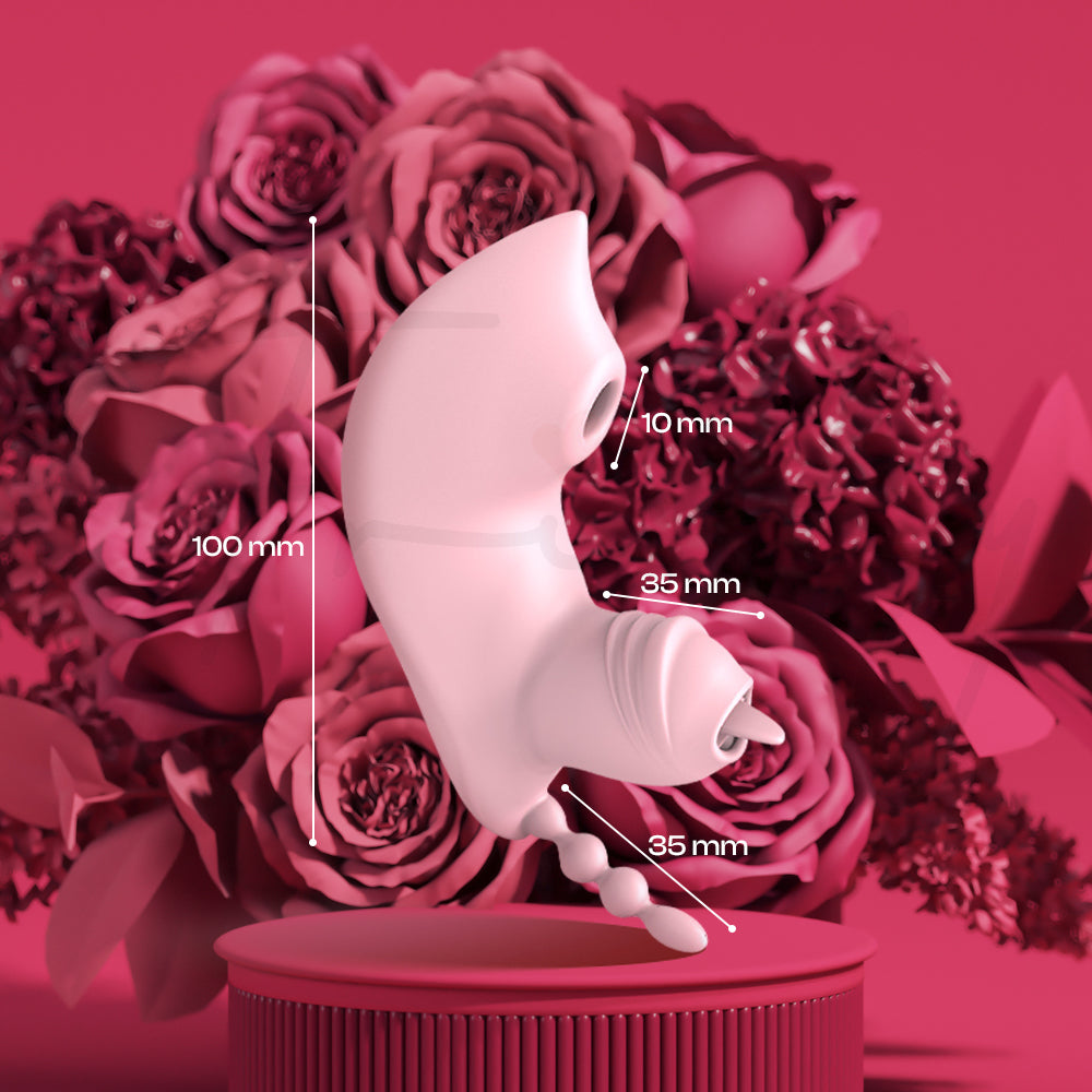 Wearable pink vibrator showcased among red roses on an elegant decorative background