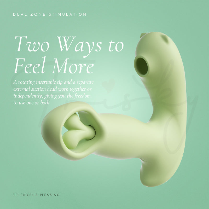 Two Ways to Feel More graphic with the sage green vibrator on a mint background