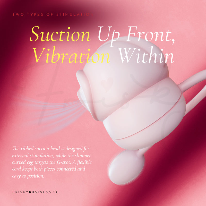 Stimulator and egg shown together on a pink and magenta background