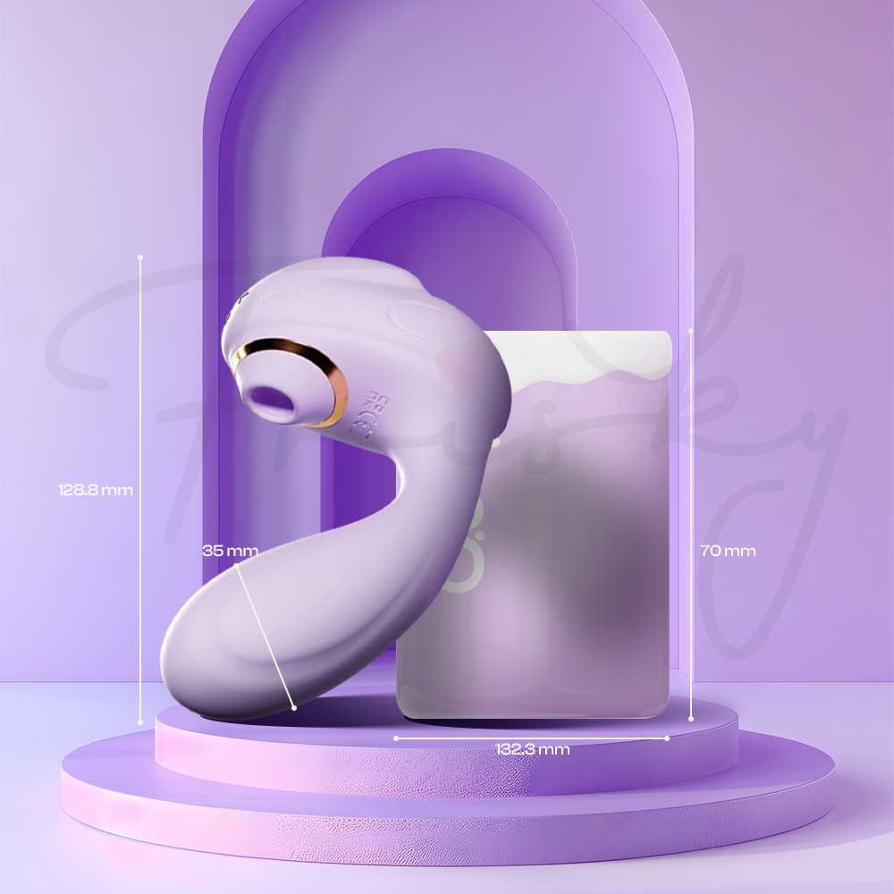 Ergonomic white wireless earbud, 128.8 mm tall, 35 mm stem, purple display.