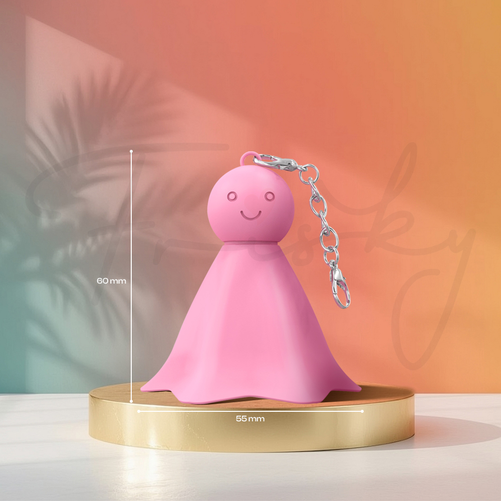 Pink Echo Ring vibrating keychain on display stand showing 60mm by 55mm size