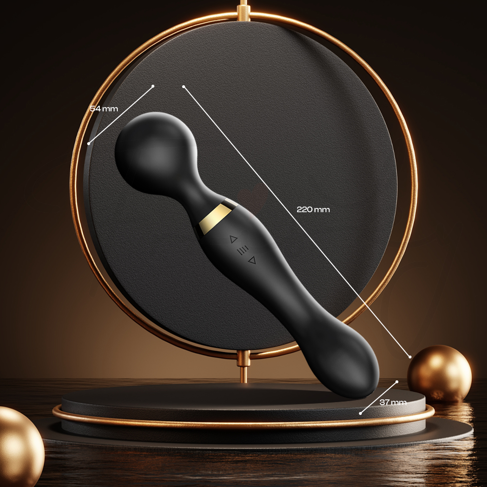 Dual-ended black massage wand showcased with smooth curves and balanced, modern ergonomic design