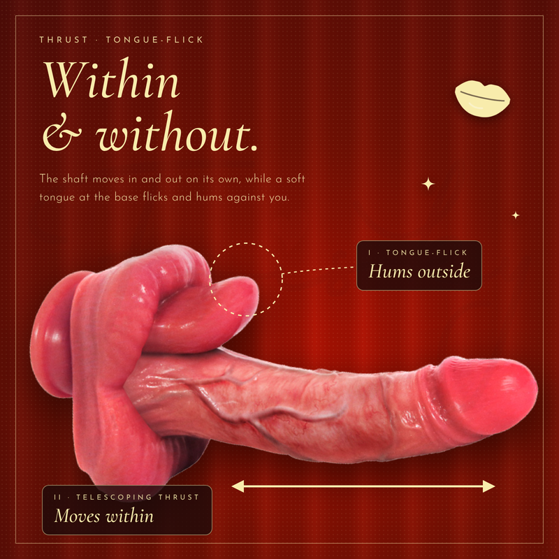 Within and without graphic showing the vibrator’s suction base and tongue-shaped nub on deep red