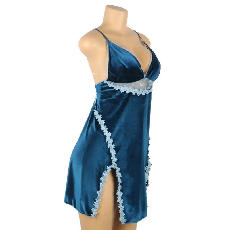 Babydoll - 2 Pcs Velour Embroidery Sleepwear With G String - Frisky Business Adult Sex Toys Shop