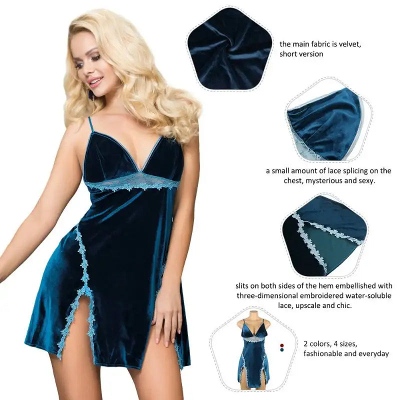 Babydoll - 2 Pcs Velour Embroidery Sleepwear With G String - Frisky Business Adult Sex Toys Shop