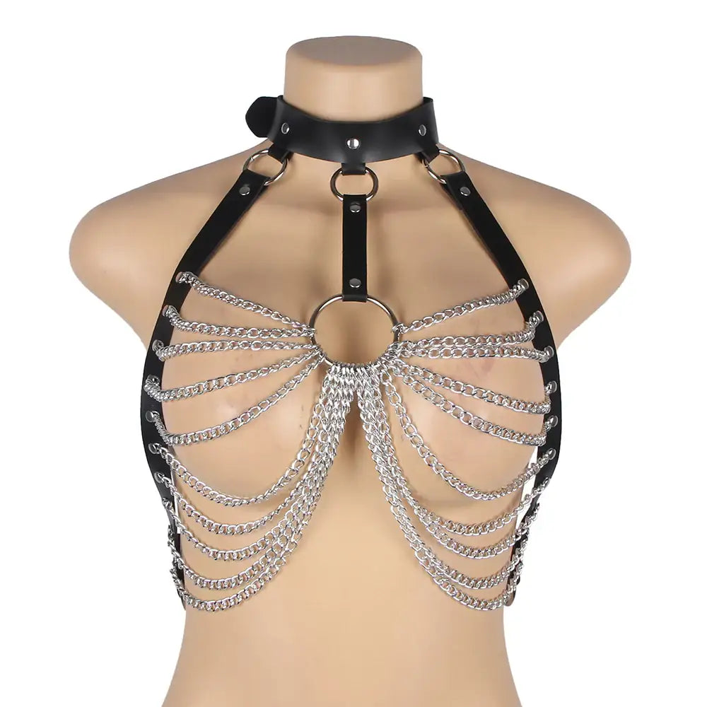 BDSM - 1 Pc Leather Chest Punk Bondage Belt With Chain - Frisky Business Adult Sex Toys Shop