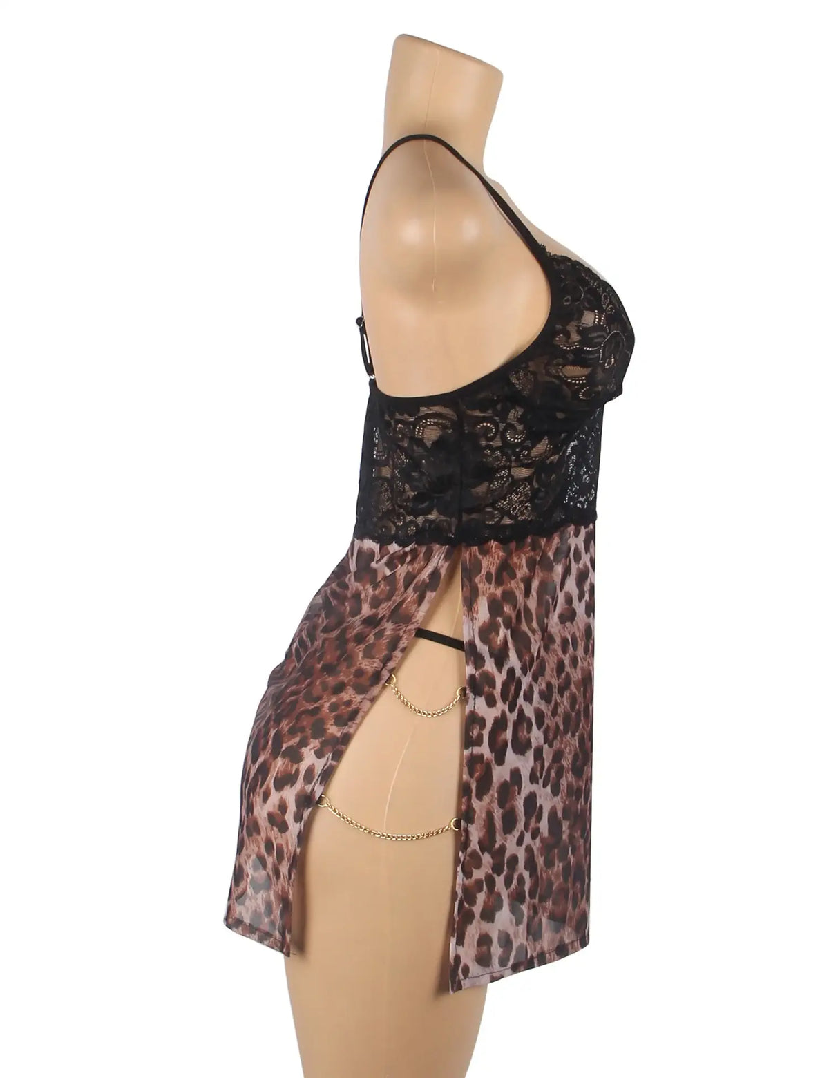 Babydoll - 2 Pcs Leopard Lace Side Slit Lingerie With Chains - Frisky Business Adult Sex Toys Shop