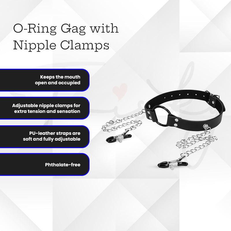 SHOTS Ouch! Metal O-Ring Gag with Nipple Clamps - Black