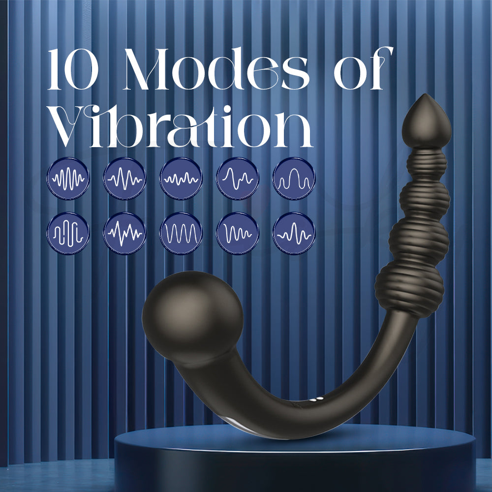 Black dual head vibrator on a blue pedestal with '10 Modes of Vibration' text and icons against a blue striped background.