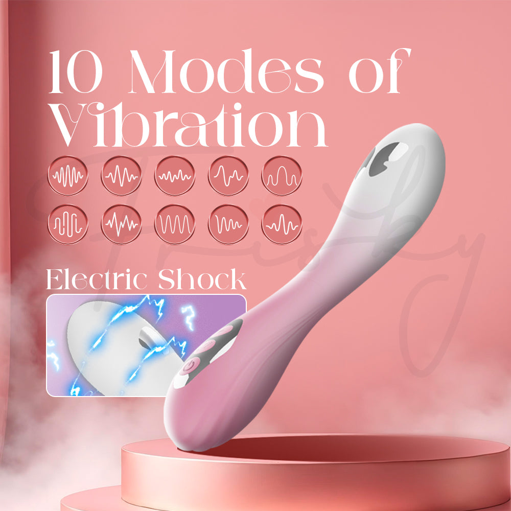 Pink Electric Shock G-Spot Vibrator with 10 modes of vibration on a pink background